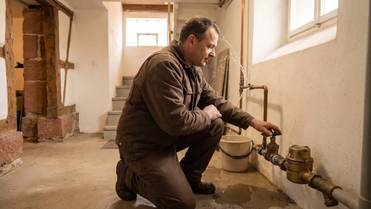 Klempner schließt im Keller das Hauptabsperrventil am Wasserzähler, darunter tropft ein undichtes Rohr