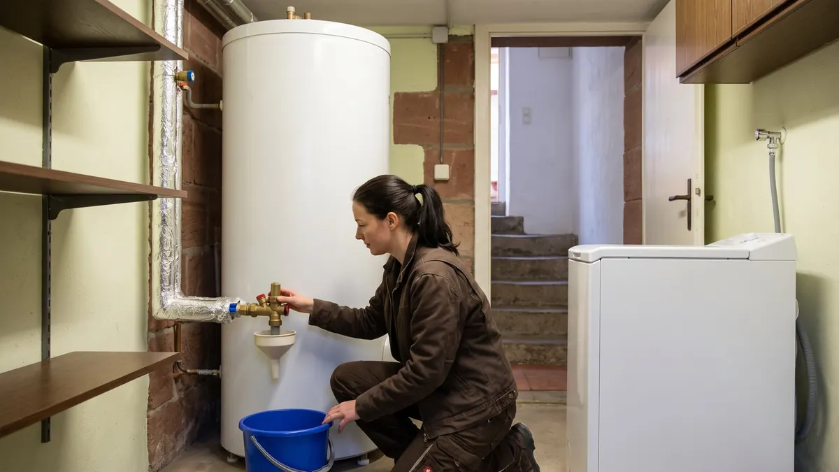 Klempnerin prüft die Sicherheitsgruppe in der Kaltwasserleitung vor dem Warmwasserspeicher
