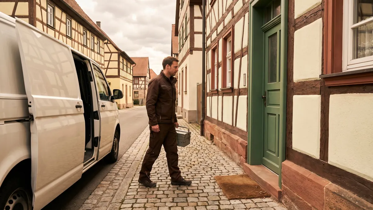 Klempner geht mit dem Werkzeugkoffer zu einem Fachwerkhaus in einer fränkischen Kleinstadt