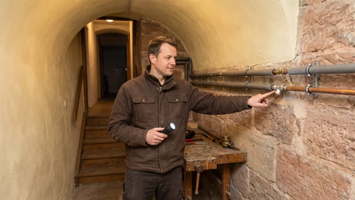Klempner leuchtet im Sandsteingewölbe eines Altstadtkellers die Wasserleitungen ab