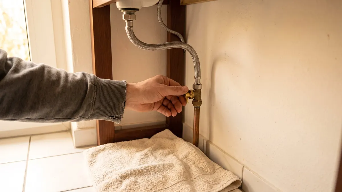Hand dreht das Eckventil unter einem Waschbecken zu
